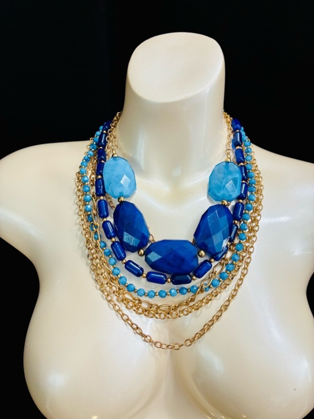 Multi-Strand Blue Statement Necklace with Gold Chains